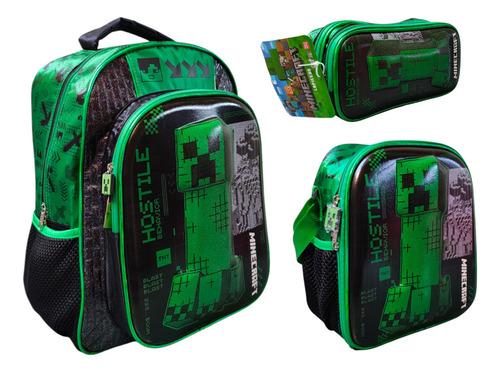 Kit Mochila Lonchera Lapicera Minecraft Movie Creeper Ruz Verde Musgo Impresion 3d