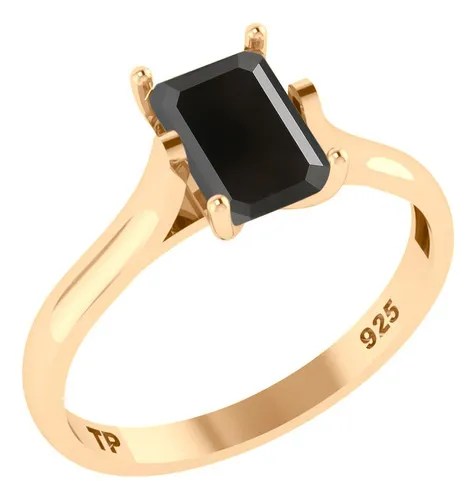 comprar Anel Prata 925 Dourada 18k Solitário Retangular - Black Ônix
