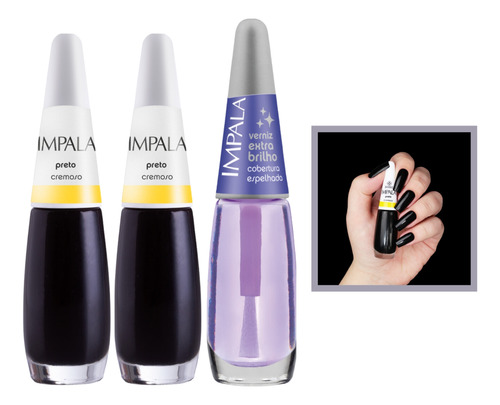 Kit Esmalte Impala 2 Preto Cremoso + 1 Verniz Brilhante