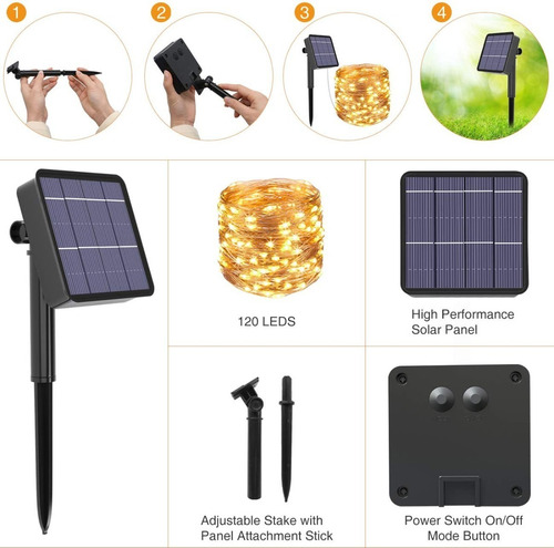 Imagen 2 de 10 de Guirnalda De Luces Solares 12m 120 Led Exteriores Decoracion