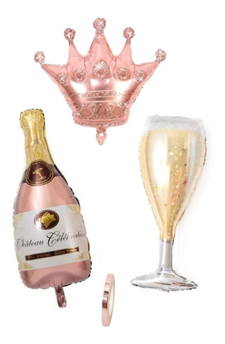 Imagen 1 de 1 de Globo Corona Gold Rose + Botella Champagne + Copa 
