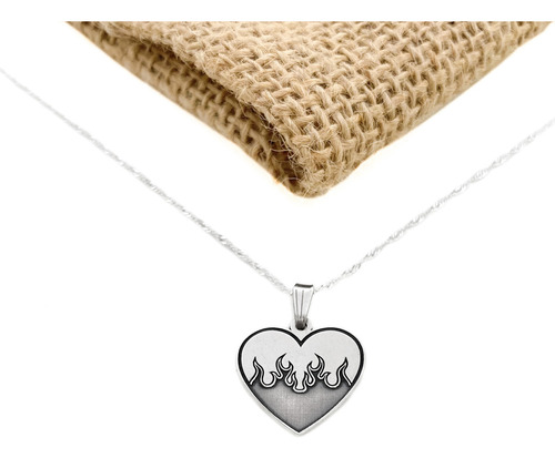 Cadena Y Dije Corazón Llamas Fuego Ardiente Plata 925 Plata 925 50 Cm
