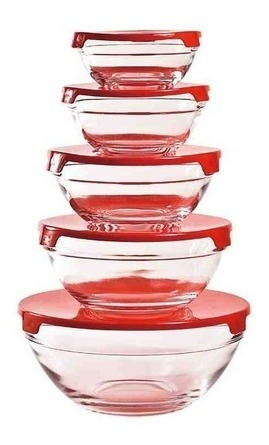 Bowl Vidrio Hermetico X 5 Con Tapa Antiderrame Cocina 