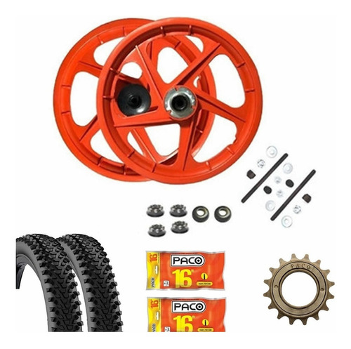 Roda Bike Par Aro 16 Nylon + Pneu + Câmara + Catraca. Cor Laranja