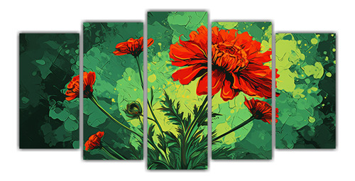 200x100cm Set 5 Cuadros De Marigold Herbs En Verde Y Rojo