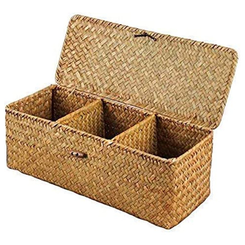 3 Compartment Storage Basket With Lid 3 Grid Handwoven ...