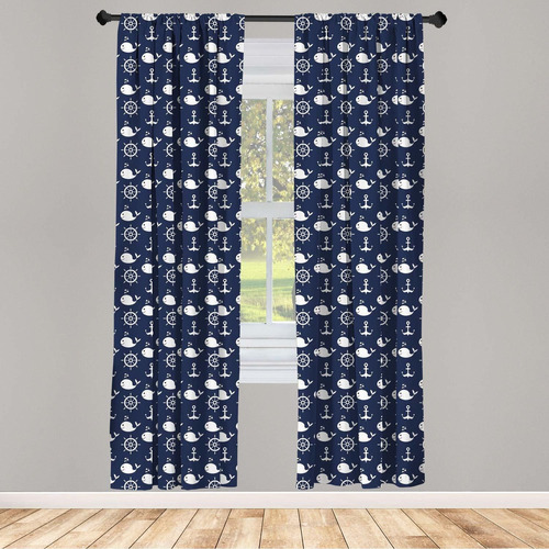 Navy Blue 2 Panel Curtain Set  Maritime Pattern With Wh...