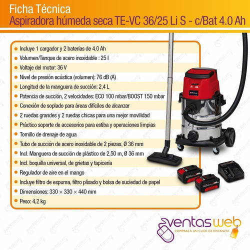 Imagen 9 de 10 de Aspiradora Inalámbrica Industrial Einhell 36v 2 Baterias 4ah