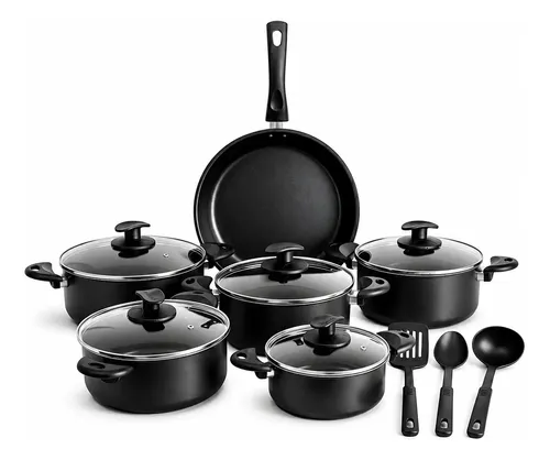 Jogo De Panelas Antiaderente 9 Peças  Aluminio Teflon  Preto Preto