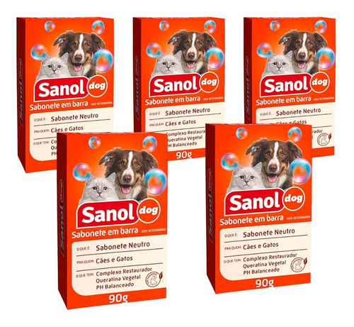 Kit 5 Sabonete Em Barra Sanol Dog Neutro P Cães E Gatos 90g