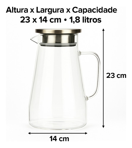 Jarra 1,8l Vidro Borossilicato Resistente Ao Fogo Tampa Inox