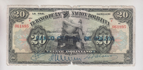 Billete Bolivia 20 Bolivianos 1911 / 1929 (c85)