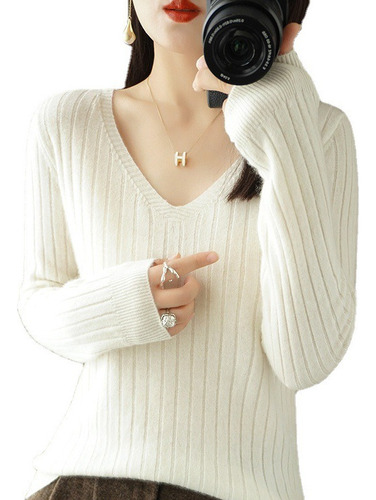 Sueter Sweater De Cuello En V De Manga Larga Para Mujer