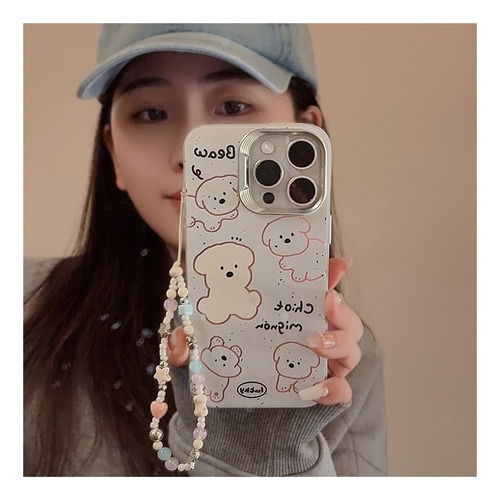 Para iPhone 16/12 - Capa Cachorro Branco Cordão Desenho