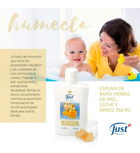 Imagen 4 de 6 de Baño De Espuma Herbal Miel Leche Y Arroz 250ml Swiss Just