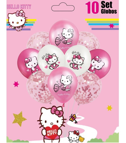 Set De Globos Latex Confeti Y Estampado Hello Kitty X 10