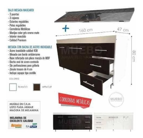 Imagen 3 de 6 de Combo Bajo Mesada 1,60 Mts C/bacha Acero Guías Metálicas