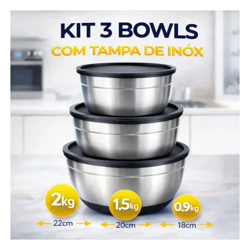 Kit 3 Bowls Inox Com Tampa Hermética