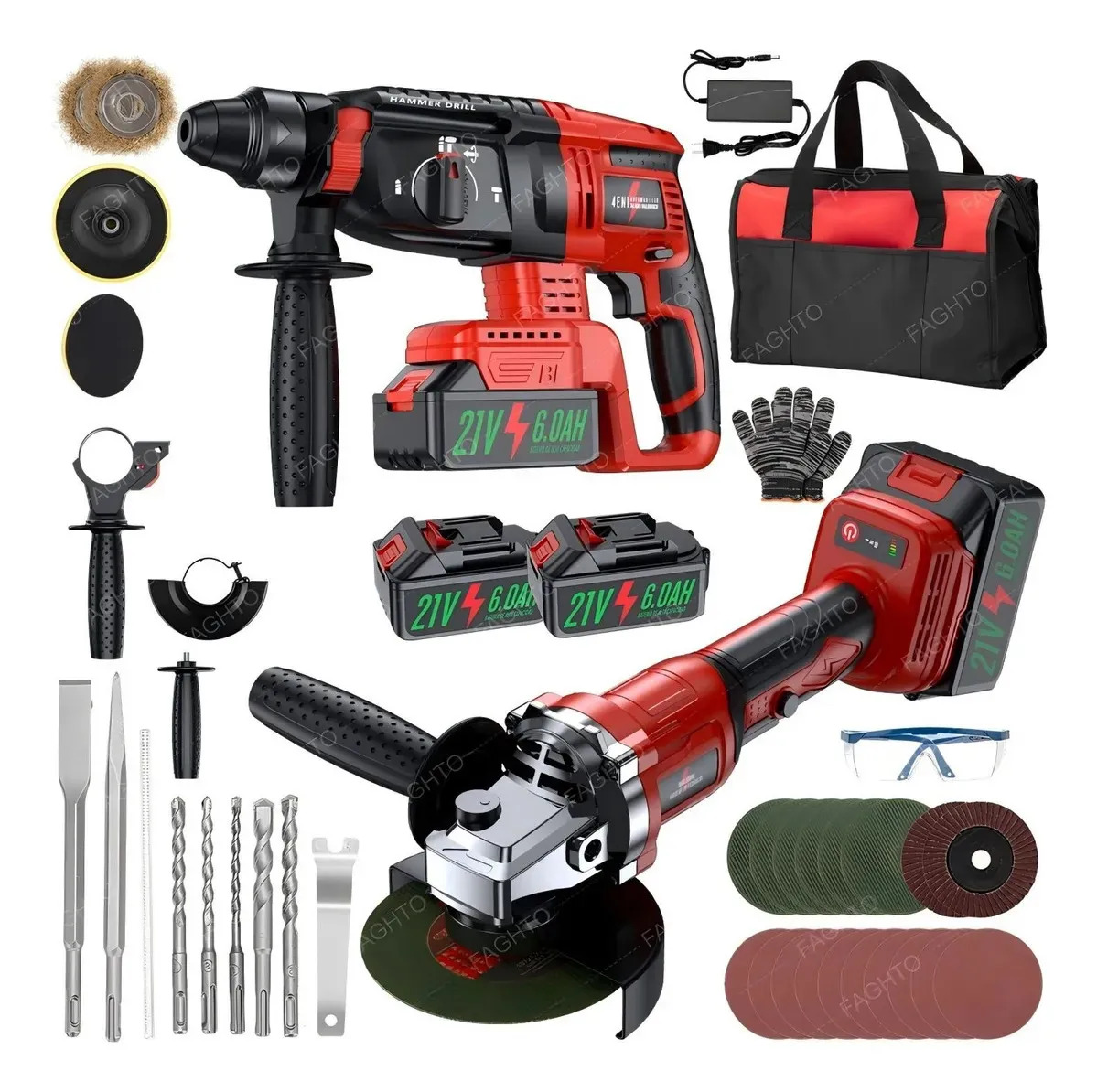 Kits de Rotomartillo Taladro Y Esmeriladora Angular Inalámbrica FAGHTO 3200W Martillo Perforador Cincelador Inalámbrica SDS-PLUS Industrial Con 2 Baterías 21V 6.0AH Y 39 Accesorios