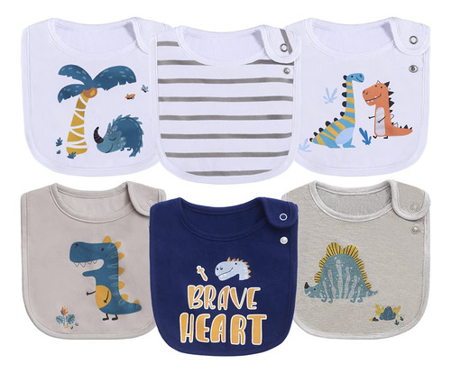 Babero De Algodon Para Bebe 3 Capas Diseño Dinosaurio 6 Pzas Dinosaurio Multicolor Unitalla