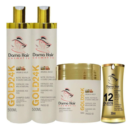 Kit Gold 24k Dama Hair Reconstrução Capilar Em 4 Passos