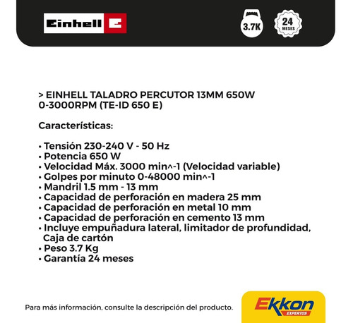 Imagen 3 de 8 de Taladro Eléctrico Percutor Einhell 650 W 13 Mm Vel Var