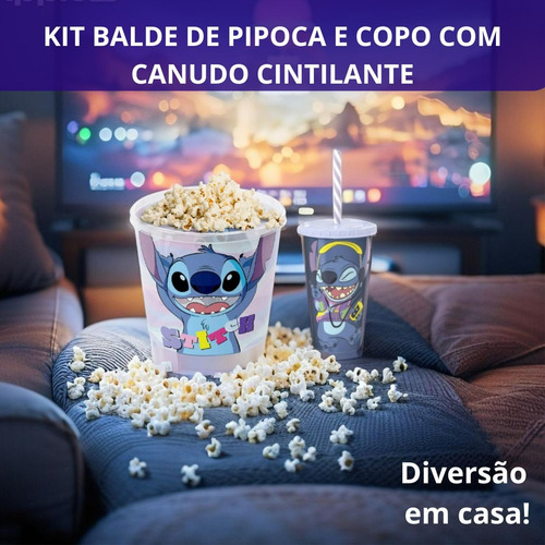 Kit Balde Grande Pipoca 2,1l Copo Canudo 500ml Stitch Azul