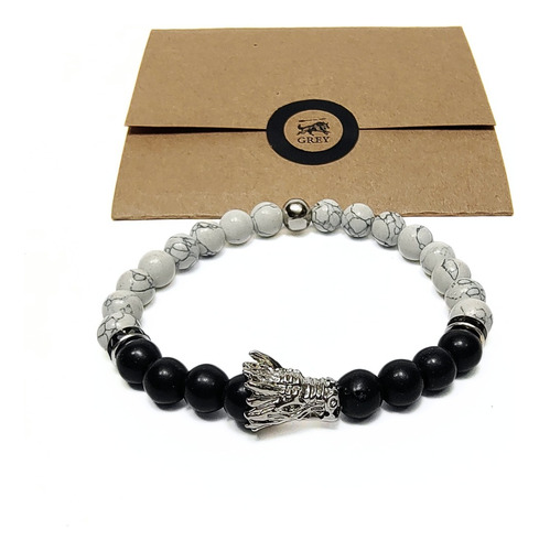 Pulsera De Hombre Dije Dragón + Howlita Blanca Y Onix Negro