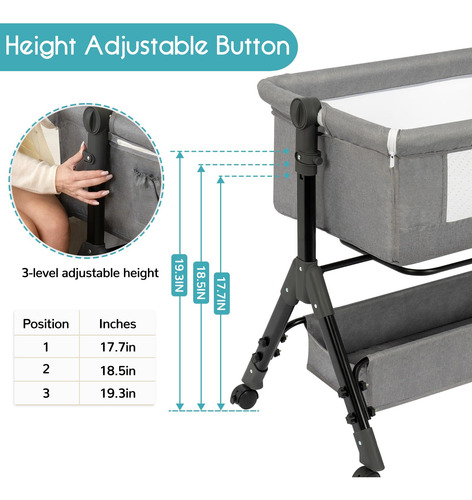 Baby Bassinet Bedside Sleeper 3-in-1 W/ Wheels & Storage Gre