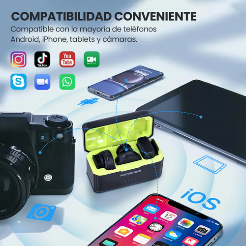 Micrófono Inalámbrico Solapa Audishako Mic-M2 Para Combo Color Negro, Para Iphone/Android/Cámara/Pc, Mini Micrófono De Lavalier, Filtro De Voz, Cancelación De Ruido, Batería De 40h Para Grabación Vlog
