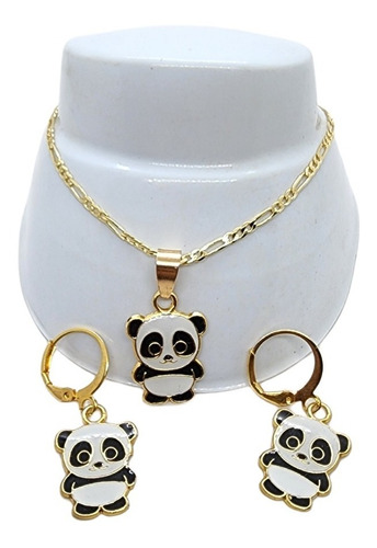 Pulsera De Oso Panda De Oro Laminadocon Aretes+ Estuche Pa3