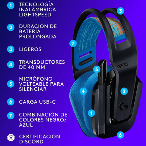 Auricular Logitech G Series G535 Pc Mac Ps4 Ps5 Azul