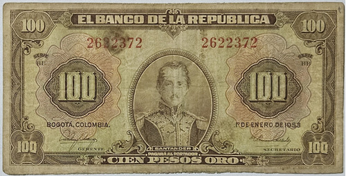 Billete 100 Pesos 01/ene/1953 Colombia F-vf