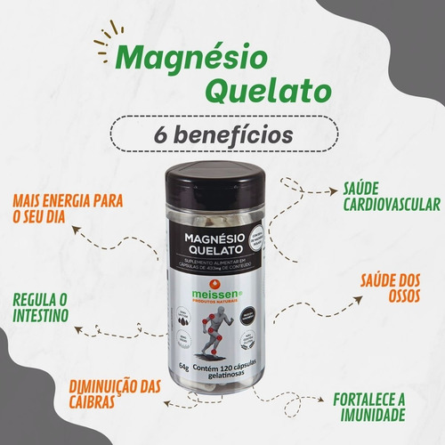 Magnésio Quelato 433mg 120 Cápsulas Meissen Sem Sabor