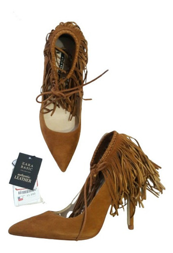 Zapatos Stilettos Flecos Zara 100% Cuero Gamuza Camel N.37,5