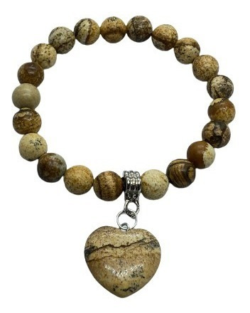 Pulsera De Piedra Natural Jaspe Madera Con Corazón