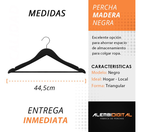 Perchas De Madera Negras Premium X 10