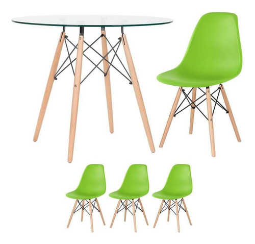 Kit Mesa Eames Wood 90 Cm Tampo Vidro E 3 Cadeiras Dsw Cor Da Tampa Verde-claro