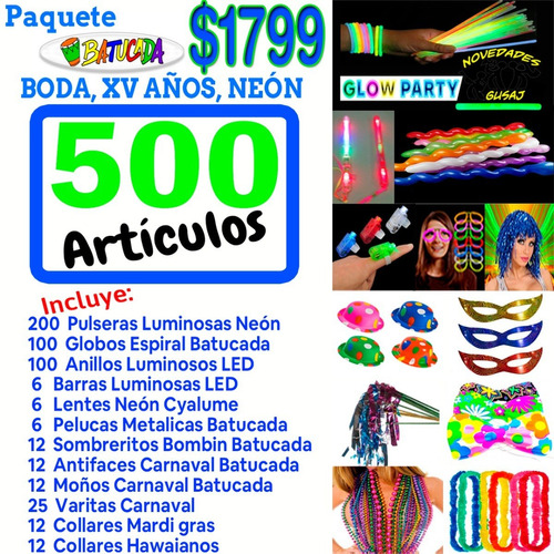Paquete Batucada 500 Pz Fiesta Quince Años Neon Luminoso Led