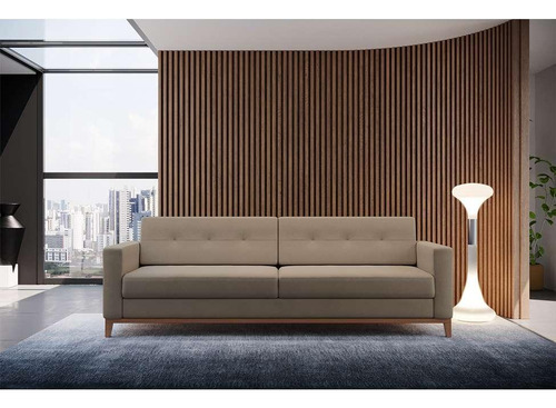Sofá 3 Lugares Living Base De Madeira Linho Cotton Bege 2... Cor Marrom-claro