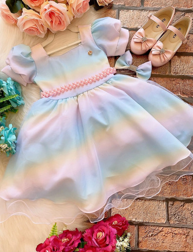 Vestido Infantil Arco Iris Colorido Acomp Tiara De Brinde