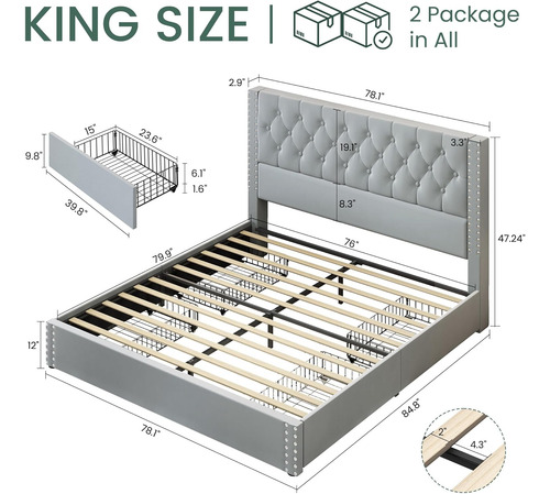 Base De Cama King Size Fabricada En Lino Con 4 Cajones Gris