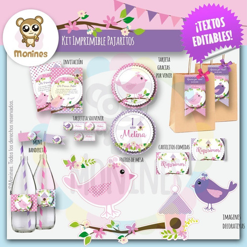 Kit Imprimible Pajaritos Rosa-lavanda Cumpleaños Baby Shower