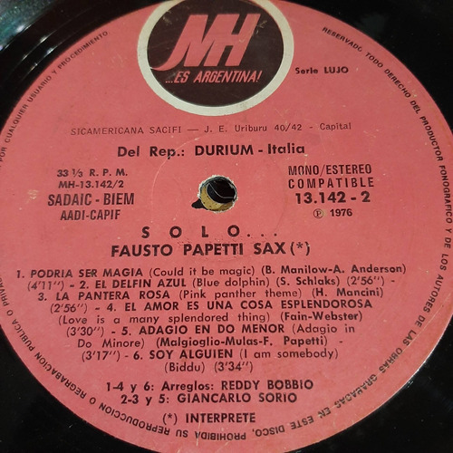 Sin Tapa Disco Fausto Papetti Sax Solo O0