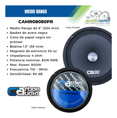 Par De Medio Rango 8 PuLG 800w Max Carbon Audio Camr08080pr