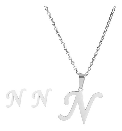 Collar Inicial Letra N Juego Joya + Arete Incial N + Estuche