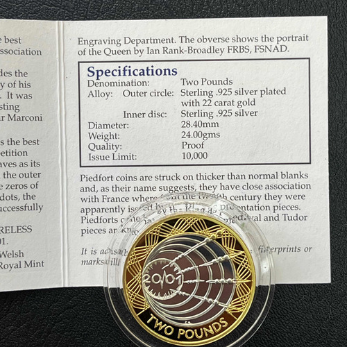 Moeda 2 Pounds 2001 - Marconi- Prata Proof Piedfort (Usado)