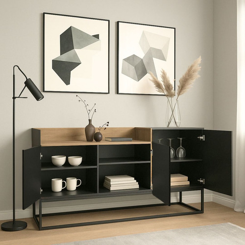 Credenza Recibidor Mesa Bufetera Moderna Con Puertas Negro/nogal