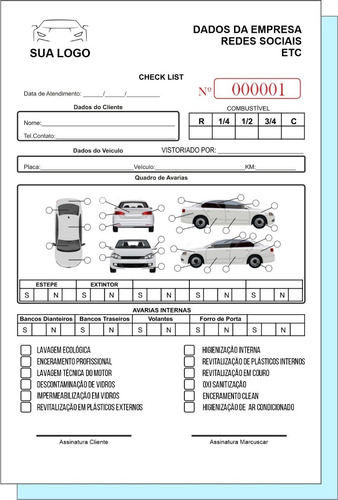 20 Talões Bloco Copiativos A4 - 2 Vias Lava Rápido Checklist