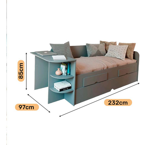 Cama Infantil Elza Com Escrivaninha E Cama Auxiliar 100%mdf Grafite